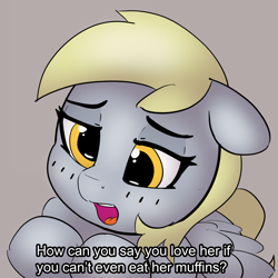 Size: 1280x1280 | Tagged: safe, artist:pabbley, character:derpy hooves, species:pegasus, species:pony, brown background, cute, derpabetes, dialogue, female, floppy ears, gray background, lidded eyes, mare, night shift nurses, open mouth, ponified meme, simple background, solo