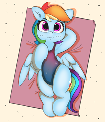 Size: 3564x4156 | Tagged: safe, artist:pabbley, character:rainbow dash, species:pegasus, species:pony, arm behind head, armpits, beach, clothing, cute, dashabetes, female, looking at you, lying down, mare, on back, one-piece swimsuit, sand, smiling, solo, stupid sexy rainbow dash, swimsuit, towel