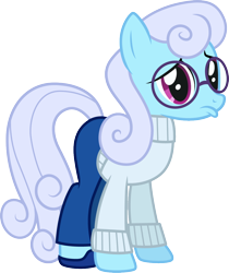 Size: 1000x1192 | Tagged: safe, artist:cloudyglow, character:linky, character:shoeshine, species:earth pony, species:pony, clothes swap, clothing, cosplay, costume, disney, female, glasses, inside out, pixar, ponified, sad, sadness (inside out), simple background, solo, transparent background