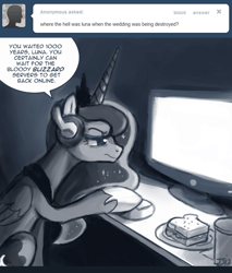 Size: 650x763 | Tagged: safe, artist:johnjoseco, character:princess luna, species:alicorn, species:pony, ask princess molestia, gamer luna, ask, comic, computer, computer mouse, drink, headphones, plate, sandwich, straw, tumblr
