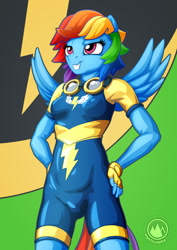 Size: 955x1351 | Tagged: safe, artist:mysticalpha, character:rainbow dash, species:anthro, species:pegasus, species:pony, clothing, female, goggles, mare, smiling, solo, uniform, wonderbolts uniform