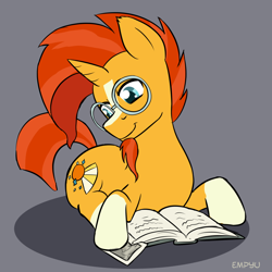 Size: 1000x1000 | Tagged: safe, artist:empyu, character:sunburst, species:pony, species:unicorn, book, glasses, male, photo, prone, simple background, smiling, solo, stallion
