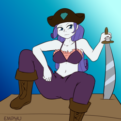 Size: 1000x1000 | Tagged: safe, artist:empyu, character:rarity, my little pony:equestria girls, 45 minute art challenge, belly button, boots, clothing, female, hat, midriff, pants, pirate, pirate hat, sitting, solo, sword, weapon