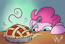 Size: 1280x882 | Tagged: safe, artist:atryl, character:pinkie pie, species:earth pony, species:pony, drool, female, gradient background, mare, pie, solo, soon, tongue out, want