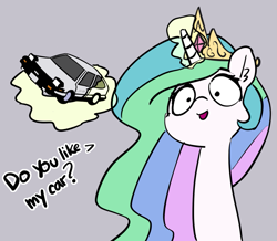 Size: 1189x1037 | Tagged: safe, artist:dsp2003, artist:pabbley, edit, character:princess celestia, species:pony, car, dialogue, female, friendship is magic bitch, gas gas gas (manuel), glowing horn, gray background, initial d, jewelry, levitation, magic, manuel caramori, mare, regalia, simple background, solo, song reference, telekinesis, toy car, toyota, toyota sprinter trueno [ae86]