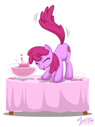Size: 749x1000 | Tagged: safe, artist:mysticalpha, character:berry punch, character:berryshine, species:earth pony, species:pony, ass up, berrybetes, cute, eyes closed, female, mare, punch bowl, solo, table, tail wag