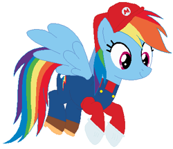 Size: 416x358 | Tagged: safe, artist:selenaede, artist:user15432, base used, character:rainbow dash, species:pegasus, species:pony, barely pony related, cap, clothing, crossover, cute, gloves, hat, maridash, mario, mario's hat, my little pony, nintendo, overalls, red hat, shirt, shoes, super mario bros., super smash bros., undershirt