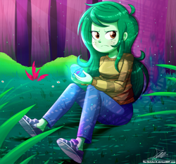 Size: 1871x1742 | Tagged: safe, artist:the-butch-x, character:wallflower blush, equestria girls:forgotten friendship, g4, my little pony: equestria girls, my little pony:equestria girls, clothing, cute, female, forest, freckles, frown, jeans, memory stone, pants, shoes, sitting, solo, sweater, unamused