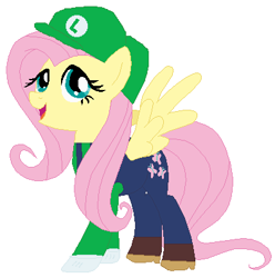 Size: 401x405 | Tagged: safe, artist:selenaede, artist:user15432, base used, character:fluttershy, species:pegasus, species:pony, barely pony related, cap, clothing, crossover, gloves, green hat, hat, luigi, luigi's hat, luigishy, my little pony, nintendo, overalls, shirt, shoes, super mario bros., super smash bros., undershirt