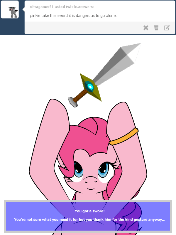 Size: 600x800 | Tagged: safe, artist:dekomaru, character:pinkie pie, species:earth pony, species:pony, tumblr:ask twixie, animated, ask, female, gif, it's dangerous to go alone, nintendo, parody, preggy pie, pregnant, solo, take this, the legend of zelda, the legend of zelda: ocarina of time, tumblr