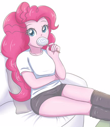 Size: 3377x3896 | Tagged: safe, artist:sumin6301, character:pinkie pie, my little pony:equestria girls, armchair, candy, clothing, cute, diapinkes, female, food, high res, lollipop, looking at you, shorts, simple background, solo, thighs, white background