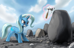 Size: 1300x854 | Tagged: safe, artist:johnjoseco, character:trixie, species:pony, species:unicorn, episode:magic duel, g4, my little pony: friendship is magic, female, gritted teeth, hammer, levitation, magic, magic aura, mare, rock, rock farm, solo, sweat, telekinesis