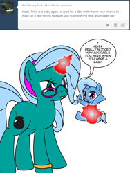 Size: 600x800 | Tagged: safe, artist:dekomaru, character:trixie, oc, oc:hazel lulamoon, species:pony, species:unicorn, tumblr:ask twixie, age regression, ask, baby, baby pony, female, foal, magic, mare, mother and daughter, tumblr