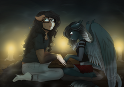 Size: 2865x2000 | Tagged: safe, artist:askbubblelee, oc, oc only, oc:pandie, oc:walter nutt, species:anthro, species:earth pony, species:pegasus, species:pony, species:unguligrade anthro, anthro oc, candle, clothing, death by coffee, female, glasses, kneeling, male, mare, nervous, oc x oc, ouija board, shipping, shirt, skirt, stallion, story in the source, straight, unshorn fetlocks