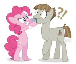 Size: 960x810 | Tagged: safe, artist:dm29, character:mudbriar, character:pinkie pie, species:earth pony, species:pony, episode:the maud couple, g4, my little pony: friendship is magic, angry, confused, duo, force feeding, geode, raised hoof, simple background, transparent background, vector