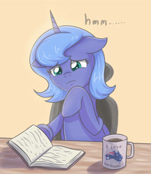 Size: 3377x3896 | Tagged: safe, artist:sumin6301, character:princess luna, species:alicorn, species:pony, book, chair, coffee, cup, female, mare, morning ponies, reading, sitting, solo, thinking, underhoof, younger