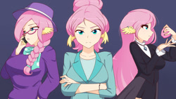 Size: 1280x721 | Tagged: safe, artist:jonfawkes, character:fluttershy, species:human, episode:fake it 'til you make it, blue background, breasts, busty fluttershy, crossed arms, female, fluttergoth, glasses, goth, hipstershy, humanized, looking at you, severeshy, simple background, triality, trio, wing ears