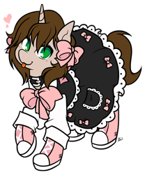 Size: 934x1123 | Tagged: safe, artist:egophiliac, oc, oc only, oc:ryleigh, species:pony, species:unicorn, bow, clothing, collar, commission, converse, dress, female, floating heart, heart, mare, shoes, simple background, solo, tongue out, transparent background