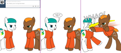 Size: 1808x800 | Tagged: safe, artist:dekomaru, oc, oc only, oc:lock-down, oc:matthew trotswright, species:earth pony, species:pony, tumblr:ask twixie, ask, clothing, comic, male, prison outfit, punch, stallion, tumblr