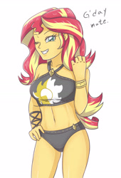 Size: 2208x3248 | Tagged: safe, artist:sumin6301, character:sunset shimmer, equestria girls:forgotten friendship, g4, my little pony: equestria girls, my little pony:equestria girls, adorasexy, australian, belly button, bikini, bikini babe, black swimsuit, clothing, cute, cutie mark on clothes, cutie mark swimsuit, dialogue, female, hand on hip, high res, jeweled swimsuit, lidded eyes, looking at you, one eye closed, sexy, shimmerbetes, simple background, smiling, solo, summer sunset, swimsuit, white background, wink