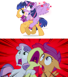 Size: 1280x1440 | Tagged: safe, artist:dm29, edit, edited screencap, editor:nightshadowmlp, screencap, character:apple bloom, character:flash sentry, character:scootaloo, character:sweetie belle, character:twilight sparkle, character:twilight sparkle (alicorn), species:alicorn, species:pegasus, species:pony, ship:flashlight, episode:appleoosa's most wanted, episode:hearts and hooves day, g4, my little pony: friendship is magic, blushing, bouquet, box, box of chocolates, carrying, cute, cutie mark crusaders, diasentres, exploitable meme, female, flower, flower in hair, folded wings, food, happy, heart, holiday, hoof hold, julian yeo is trying to murder us, letter, lilacs, looking back, looking up, male, mare, meme, mouth hold, nose in the air, ponies riding ponies, raised hoof, riding, screaming, shipping, signature, simple background, smiling, spread wings, stallion, straight, the eternal thread, transparent background, trotting, twiabetes, valentine's day, valentine's day card, vector, wall of tags, what are the crusaders screaming at, wings