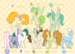 Size: 1558x1132 | Tagged: safe, artist:egophiliac, part of a set, character:gusty, character:lofty, character:mimic (g1), character:pound cake, character:powder, character:pumpkin cake, oc, oc:softshoe, species:earth pony, species:pegasus, species:pony, species:unicorn, g1, abstract background, apron, bow, brother and sister, cake twins, clipper (g1), clothing, description is relevant, female, flying, g1 to g4, generation leap, hair bow, long mane, long tail, male, mare, older, older pound cake, older pumpkin cake, raised hoof, slice of pony life, spread wings, stallion, tail bow, twins, wings