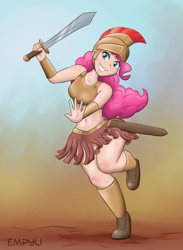 Size: 880x1200 | Tagged: safe, artist:empyu, character:pinkie pie, my little pony:equestria girls, armor, armor skirt, belly button, boots, clothing, cute, female, gladiator, gladiatrix, helmet, human coloration, looking at you, midriff, pteruges, requested art, shoes, skirt, smiling, solo, sword, unconvincing armor, weapon