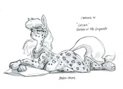 Size: 1400x1012 | Tagged: safe, artist:baron engel, oc, oc only, oc:carousel, species:earth pony, species:pony, big cat, body painting, clothing, costume, female, grayscale, jewelry, leopard, leopard print, mare, monochrome, necklace, paw gloves, pencil drawing, pillow, simple background, solo, story included, traditional art, white background