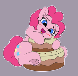 Size: 3335x3271 | Tagged: dead source, safe, artist:pabbley, character:pinkie pie, species:earth pony, species:pony, blushing, cake, cute, diapinkes, drool, ear fluff, female, food, happy, hug, mare, open mouth, simple background, solo, white outline