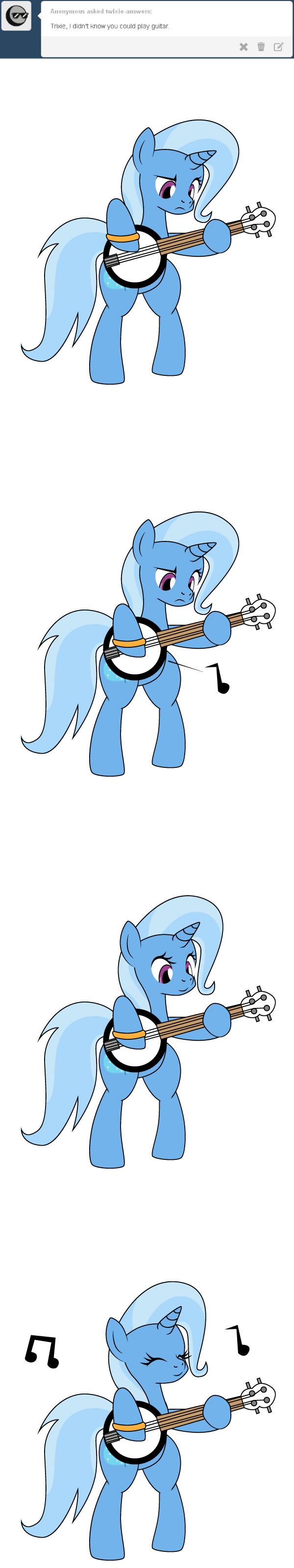 Size: 600x3200 | Tagged: safe, artist:dekomaru, character:trixie, species:pony, species:unicorn, tumblr:ask twixie, animated, ask, banjo, bipedal, cute, dexterous hooves, female, gif, music, musical instrument, solo, tumblr