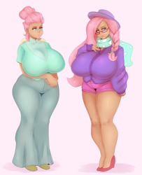 Size: 2430x2994 | Tagged: safe, artist:sundown, character:fluttershy, species:human, episode:fake it 'til you make it, big breasts, breasts, busty fluttershy, clothing, glasses, hair bun, hat, high heels, hipstershy, huge breasts, humanized, impossibly large breasts, pants, plump, severeshy, shoes