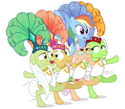 Size: 1000x875 | Tagged: safe, artist:dm29, character:apple rose, character:auntie applesauce, character:goldie delicious, character:granny smith, character:rainbow dash, species:earth pony, species:pegasus, species:pony, episode:grannies gone wild, g4, my little pony: friendship is magic, can can, feather hat, female, gold horseshoe gals, kickline, mare, showgirl, simple background, transparent background