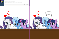 Size: 1204x800 | Tagged: safe, artist:dekomaru, character:rarity, character:trixie, character:twilight sparkle, species:pony, species:unicorn, ship:twixie, tumblr:ask twixie, ask, comic, female, heart, implied sex, implied shipping, implied sparity, implied straight, lesbian, male, shipping, tumblr