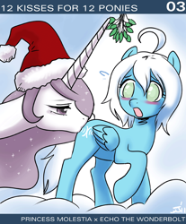 Size: 650x786 | Tagged: safe, artist:johnjoseco, character:princess celestia, oc, oc only, oc:echo the wonderbolt, ask princess molestia, princess molestia, bedroom eyes, blind, blushing, butt kiss, christmas, cloud, embarrassed, kissing, looking back, mistletoe, open mouth, raised hoof, sweat, wide eyes