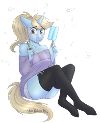 Size: 2079x2529 | Tagged: safe, artist:askbubblelee, oc, oc only, oc:kelly, species:anthro, species:pony, species:unguligrade anthro, species:unicorn, anthro oc, blushing, clothing, female, food, mare, popsicle, simple background, sitting, socks, solo, stockings, sweater, thigh highs, transparent background