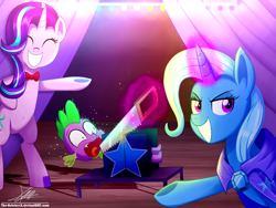 Size: 1360x1020 | Tagged: safe, artist:the-butch-x, character:spike, character:starlight glimmer, character:trixie, species:dragon, species:pony, species:unicorn, g4, assistant, bow tie, box, box sawing trick, cape, clothing, commission, crosscut saw, female, glowing horn, hilarious in hindsight, magic, magic act, magic show, magic trick, mare, out of character, saw, screaming, signature, telekinesis, this will end in death, this will end in tears, this will end in tears and/or death, this will not end well, trixie's cape