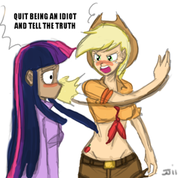 Size: 700x700 | Tagged: safe, artist:johnjoseco, edit, character:applejack, character:twilight sparkle, species:human, episode:horse play, g4, my little pony: friendship is magic, applejack's hat, batman, batman slaps robin, belly button, blushing, clothing, cowboy hat, cutie mark on human, dialogue, front knot midriff, frustrated, frustration, hat, honesty, humanized, midriff, my parents are dead, simple background, slap, slapping, white background