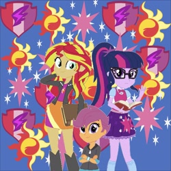 Size: 1535x1536 | Tagged: safe, artist:selenaede, editor:php77, character:scootaloo, character:sunset shimmer, character:twilight sparkle, character:twilight sparkle (scitwi), species:eqg human, species:pegasus, species:pony, my little pony:equestria girls