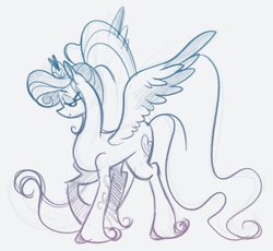 Size: 835x769 | Tagged: safe, artist:egophiliac, character:star catcher, species:pegasus, species:pony, g3, description is relevant, female, g3 to g4, generation leap, gradient lineart, mare, pencil drawing, raised hoof, simple background, solo, spread wings, traditional art, unshorn fetlocks, white background, wings