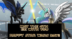 Size: 1024x558 | Tagged: safe, artist:caticornqueen00, artist:johnjoseco, character:princess celestia, character:princess luna, crossover, darth vader, luke skywalker, may the fourth be with you, star wars
