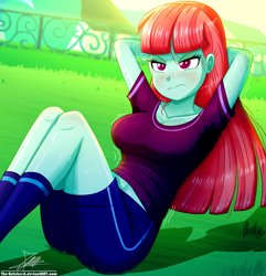 Size: 1120x1160 | Tagged: safe, artist:the-butch-x, character:melon mint, my little pony:equestria girls, clothing, female, frown, questionable source, sit-ups, solo, sports training x, sweat, workout
