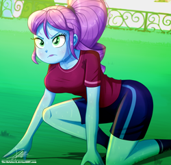 Size: 1160x1120 | Tagged: safe, artist:the-butch-x, character:crystal lullaby, my little pony:equestria girls, clothing, female, frown, questionable source, solo, sports training x, sweat