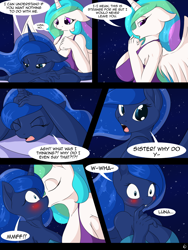 Size: 1480x1972 | Tagged: safe, artist:suirano, character:princess celestia, character:princess luna, species:alicorn, species:anthro, species:pony, species:unguligrade anthro, comic:lunar love, ship:princest, big breasts, blushing, breasts, busty princess celestia, busty princess luna, cleavage, comic, female, huge breasts, incest, kissing, lesbian, night, shipping