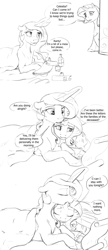 Size: 1980x4590 | Tagged: safe, artist:silfoe, character:princess celestia, character:rarity, species:alicorn, species:pony, species:unicorn, royal sketchbook, ship:rarilestia, black and white, blanket, comic, cuddling, dialogue, eyes closed, female, glowing horn, grayscale, hug, letter, magic, mare, monochrome, prone, quill, raised hoof, sad, shipping, simple background, snuggling, speech bubble, telekinesis, white background, winghug