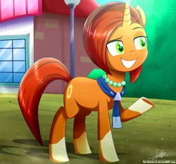 Size: 1871x1742 | Tagged: safe, artist:the-butch-x, character:stellar flare, species:pony, species:unicorn, episode:the parent map, g4, building, eyebrows, eyelashes, female, green eyes, grin, horn, jewelry, lamppost, mare, milf, mother, necklace, pearl necklace, raised eyebrow, raised hoof, signature, sire's hollow, smiling, solo, stellarsmug, underhoof, window