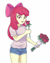 Size: 2598x3248 | Tagged: safe, artist:sumin6301, character:apple bloom, my little pony:equestria girls, bow, clothing, female, flower, hair bow, looking at you, rose, shirt, shorts, simple background, solo, white background
