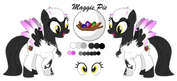 Size: 874x402 | Tagged: safe, artist:mlpcrystalharmony, artist:selenaede, base used, oc, oc only, oc:maggie pie, species:pegasus, species:pony, feather, female, jewelry, mare, necklace, open mouth, reference sheet, simple background, solo, tattoo, transparent background