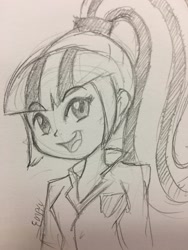 Size: 960x1280 | Tagged: safe, artist:empyu, character:sonata dusk, my little pony:equestria girls, 30 minute art challenge, female, monochrome, sketch, smiling, solo, traditional art