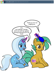 Size: 600x800 | Tagged: safe, artist:dekomaru, character:snails, character:trixie, species:pony, tumblr:ask twixie, ask, brushing, duo, female, filly, glitter shell, hairbrush, lgbt, mare, pride, simple background, trans female, trans trixie, transgender, tumblr, white background