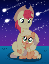 Size: 800x1035 | Tagged: safe, artist:cloudyglow, character:applejack, character:bright mac, species:earth pony, species:pony, applejack's hat, brightabetes, clothing, cowboy hat, cute, duo, duo male and female, father and daughter, female, filly, filly applejack, foal, freckles, grass field, hat, jackabetes, male, shooting star, sitting, stallion, starry eyes, stars, stetson, unshorn fetlocks, wingding eyes, younger